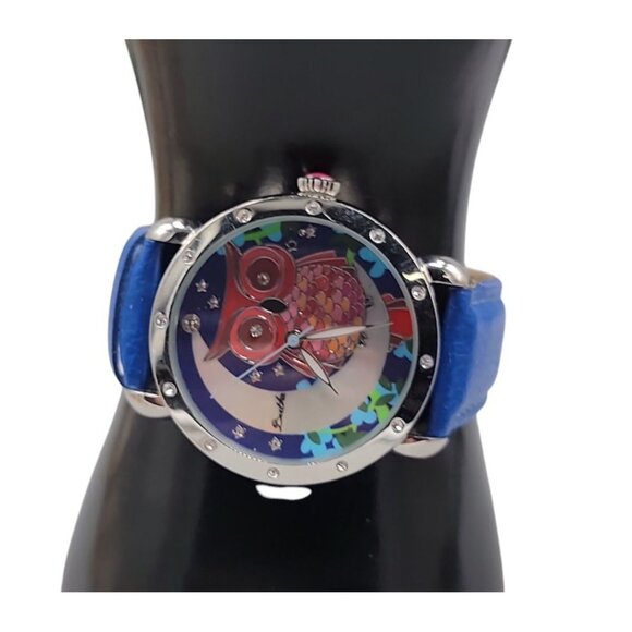 Bertha Ashley Owl Watch Crystal Bezel 38mm Silver Tone 7.5" Blue Leather Band - Picture 2 of 16